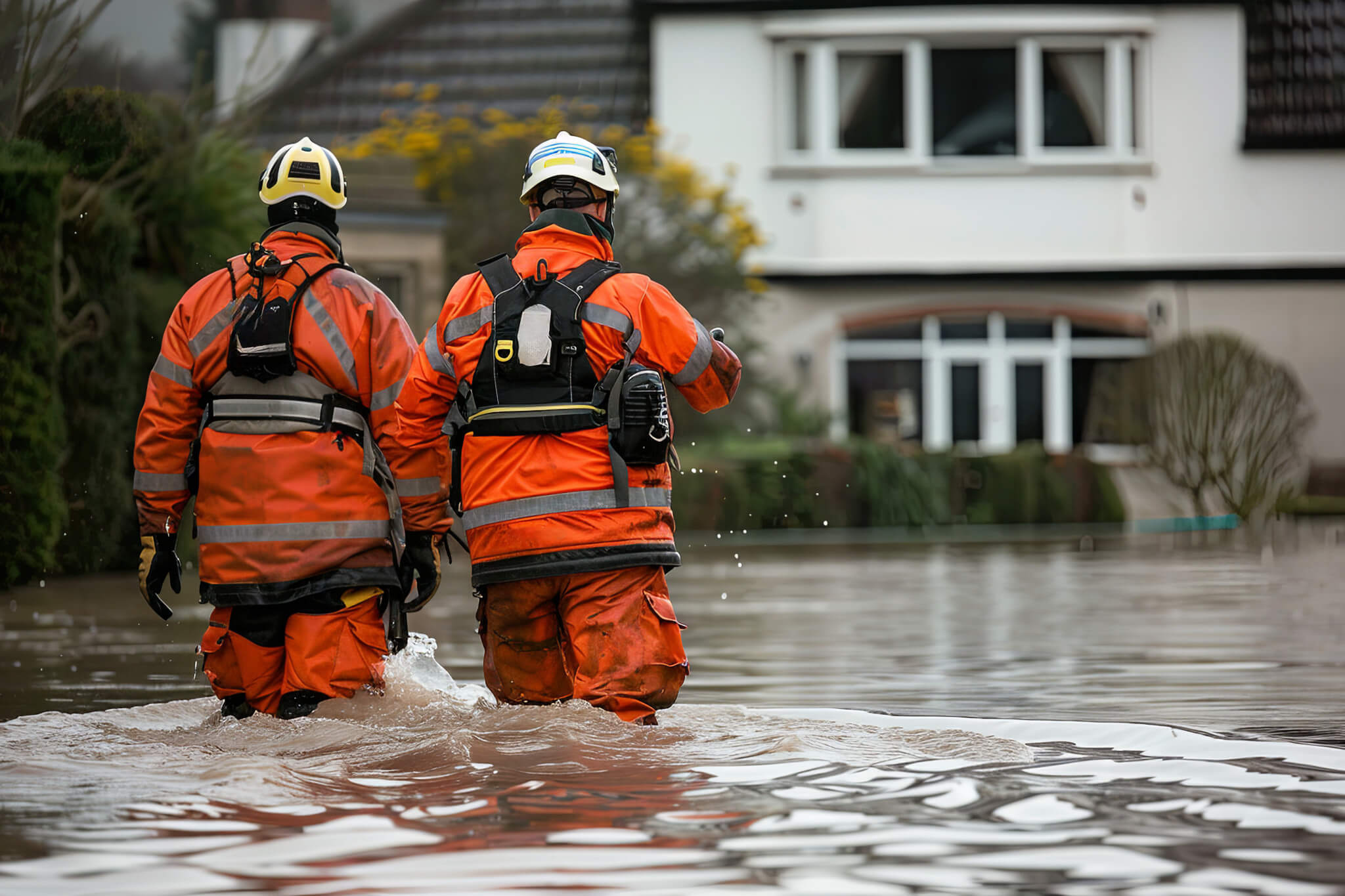 Zwei Mitglieder von Katastrophenschutz waten durch Hochwasser