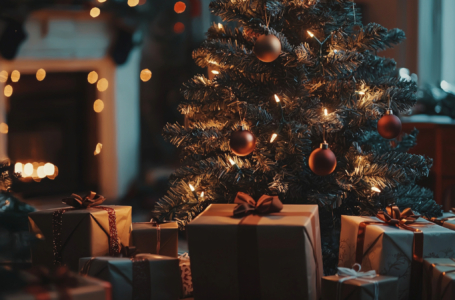 Weihnachtsbeleuchtung am Weihnachtsbaum im Wohnzimmer
