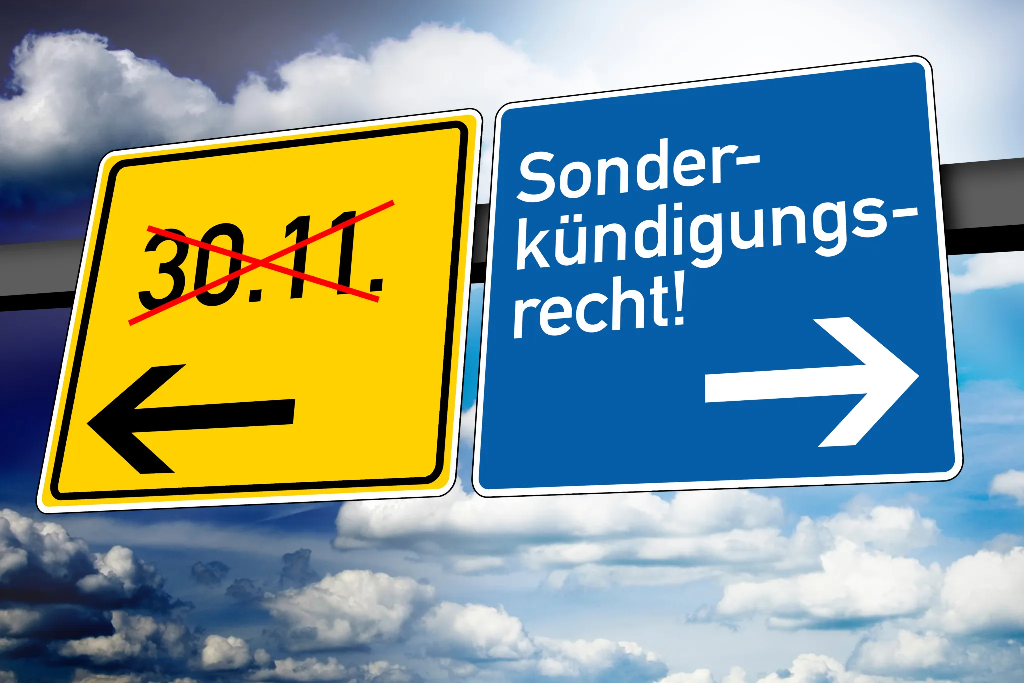 Sonderkündigungsrecht Kfz Versicherung, Zwei Straßenschilder, auf einem steht durchgestrichen 30.11. und auf dem anderen "Sonderkündigungsrecht"