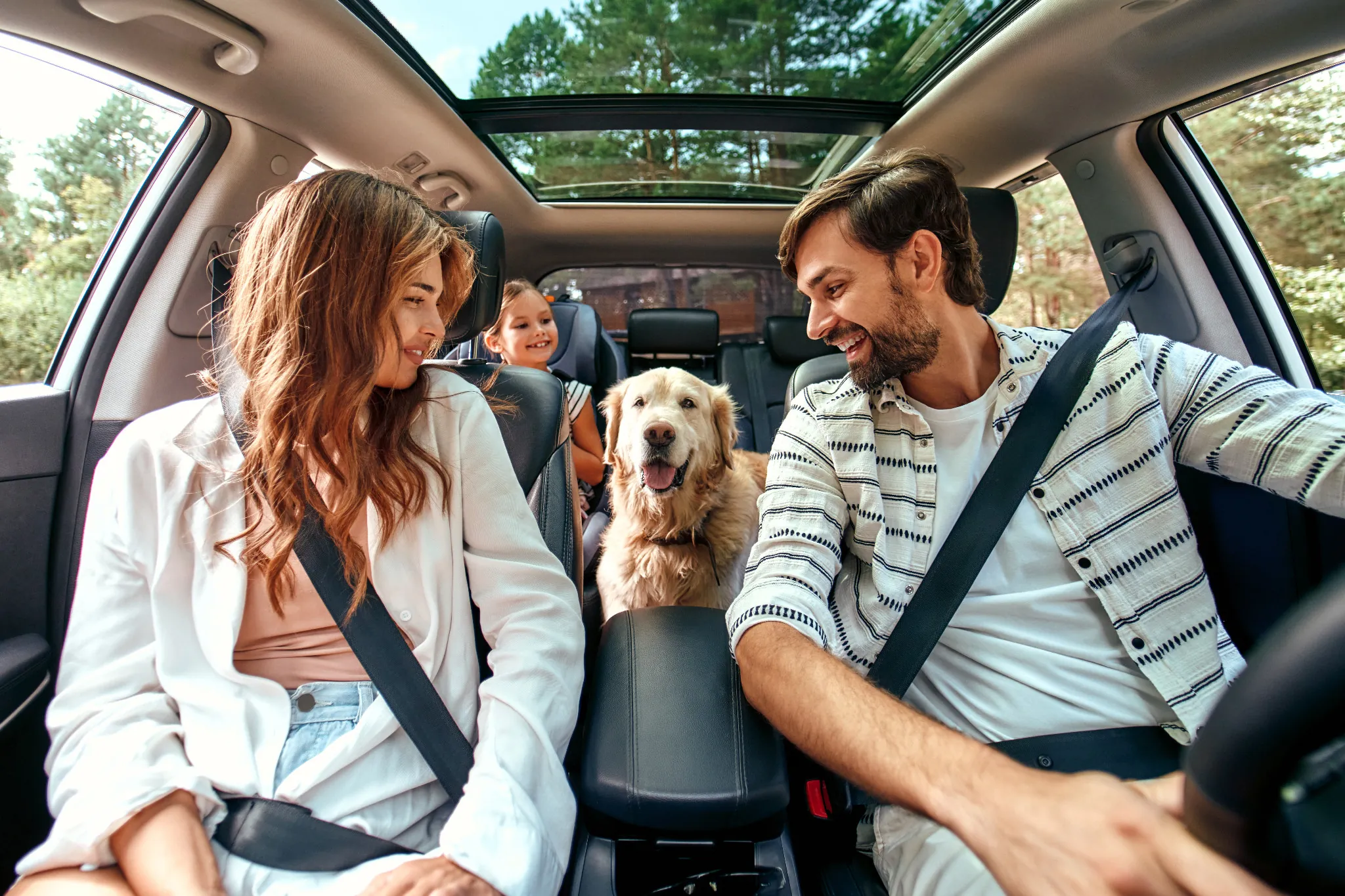 spiele autos, Familie sitzt mit Hund im Auto