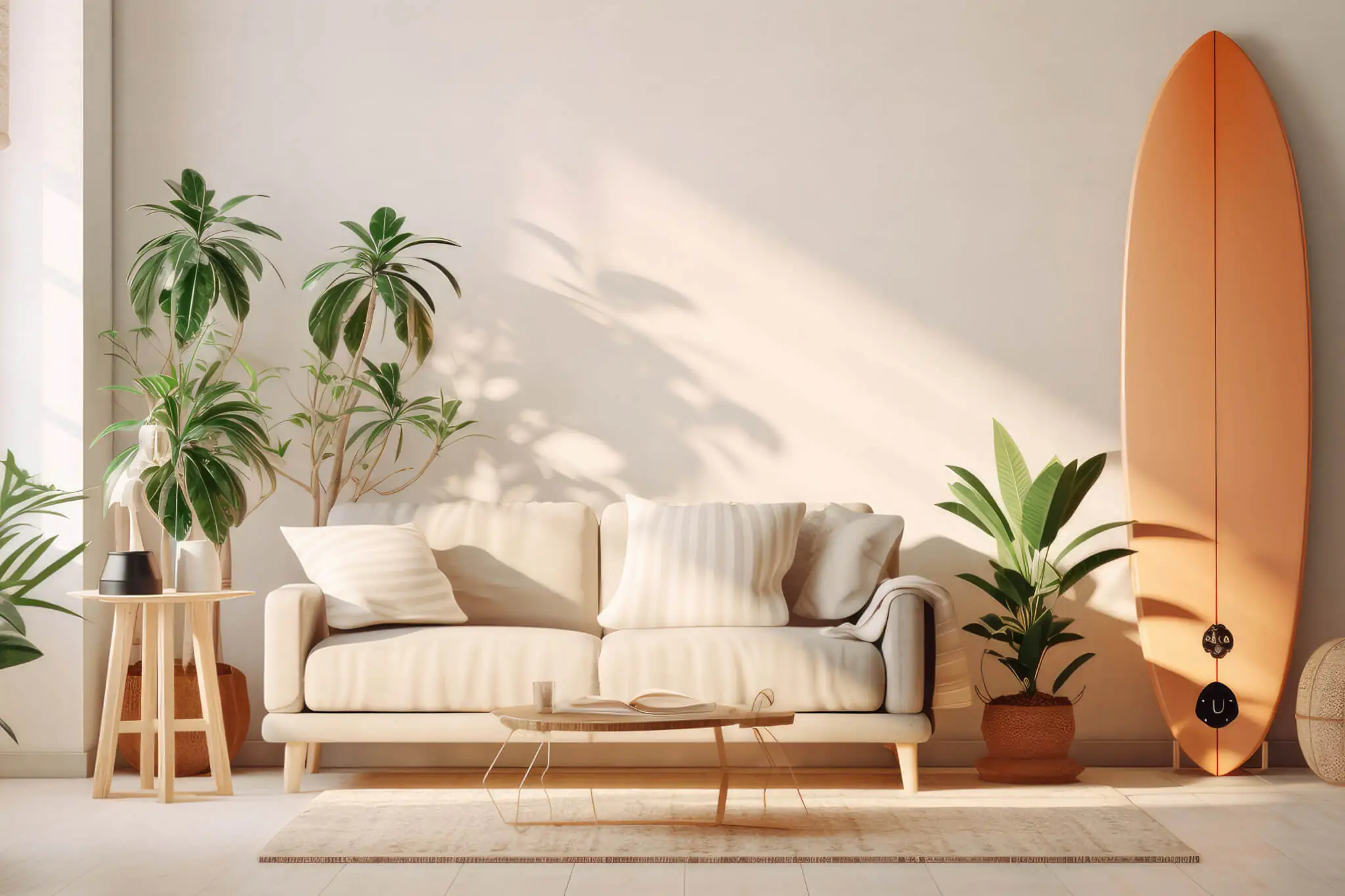 Couchsurfing, Couch mit Pflanzen und Surfboard
