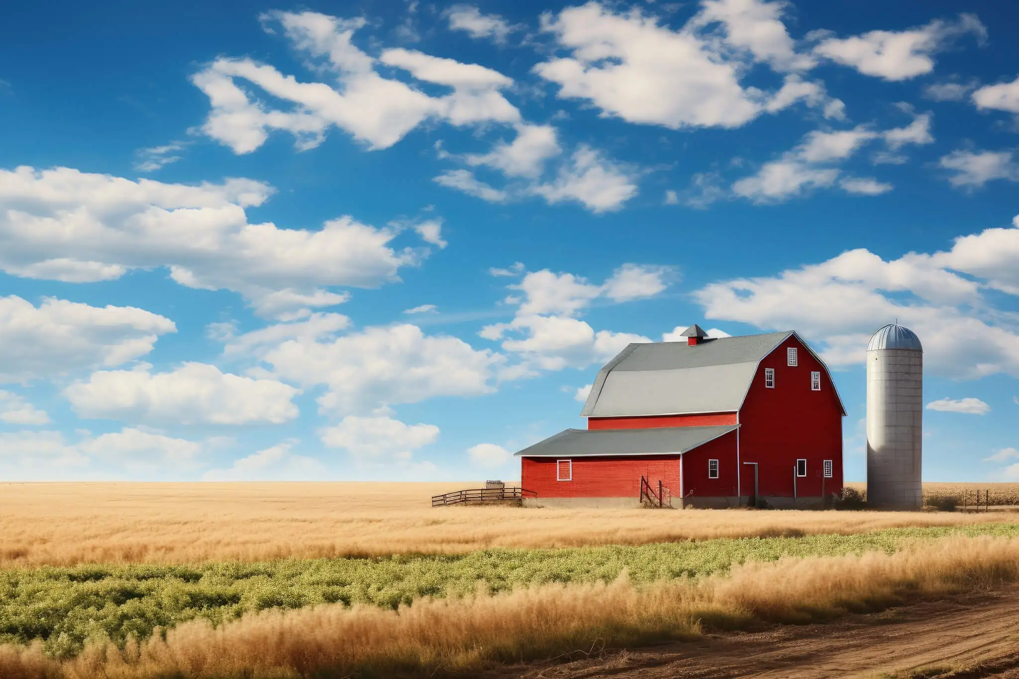 Landwirtschaftliche Gebäudeversicherung, Amerikanischer Bauernhof mit Feld und blauem Himmel