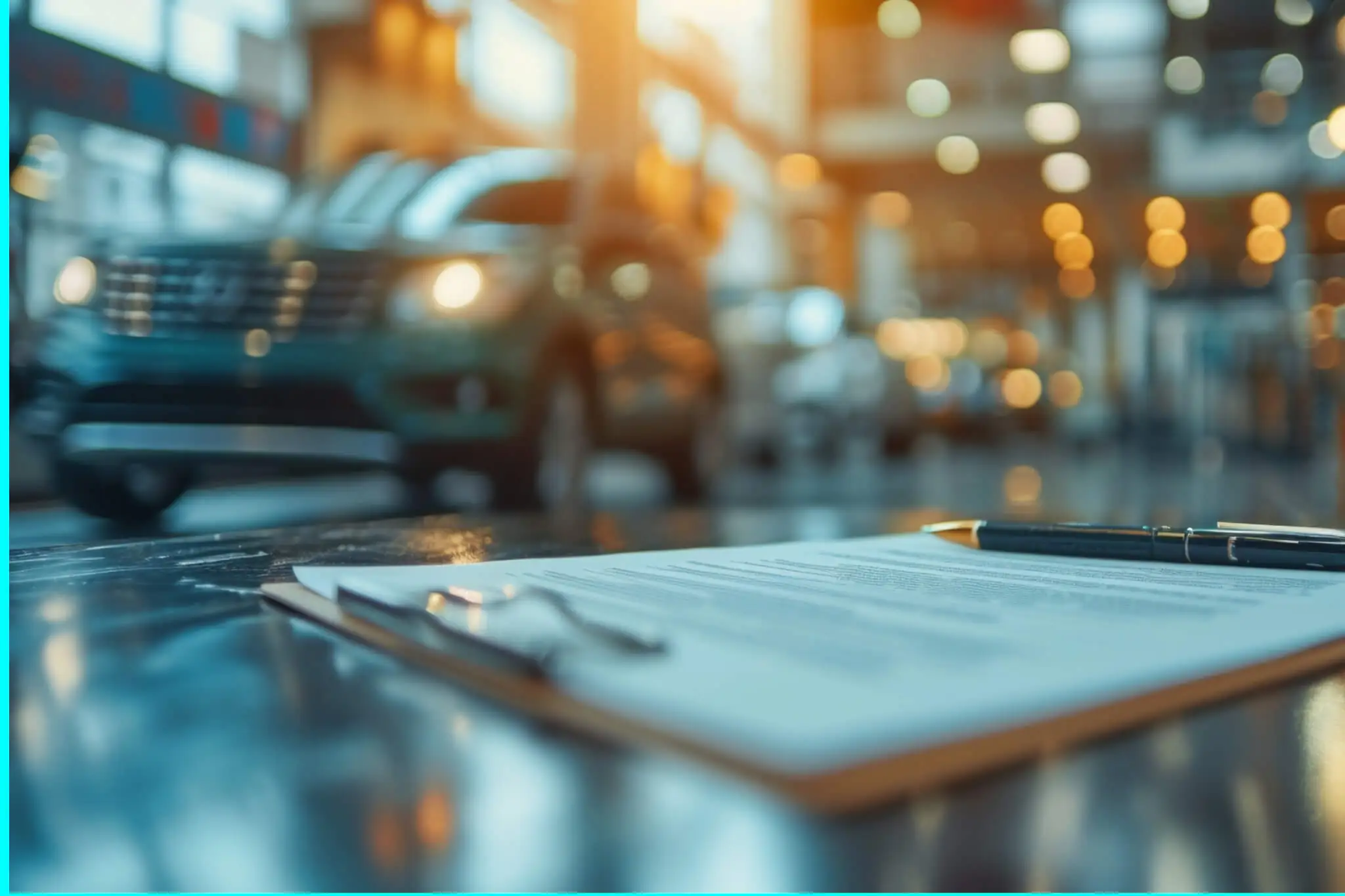 Full Service Leasing, Leasingvertrag liegt im Vordergrund eines Autohauses