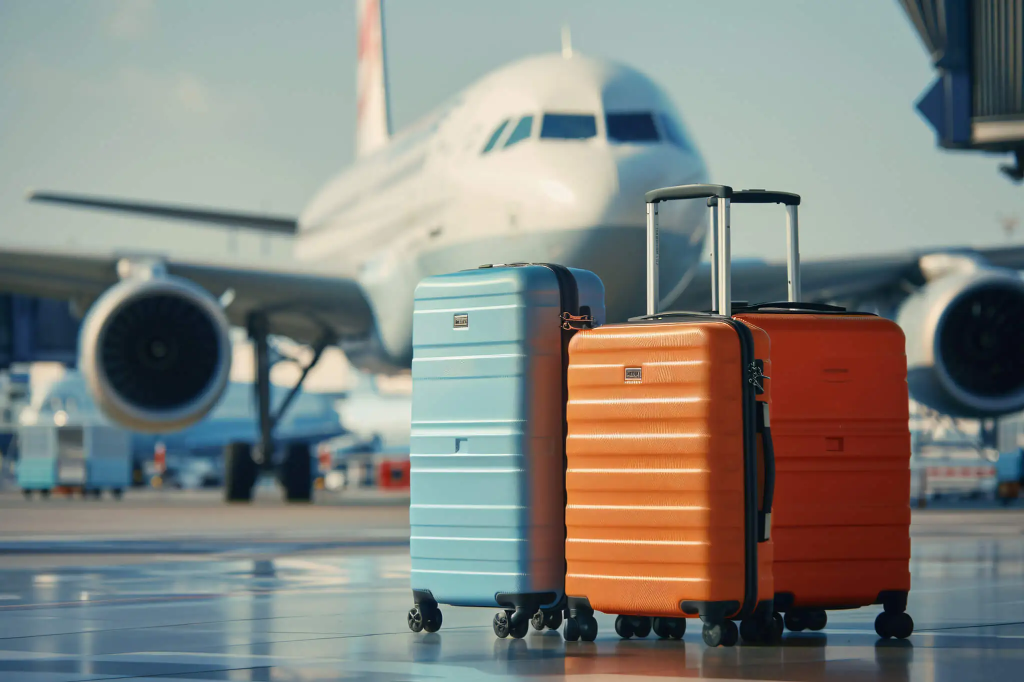 Gepäck, 3 Koffer stehen auf Rollfeld, Flugzeug im Hintergrund