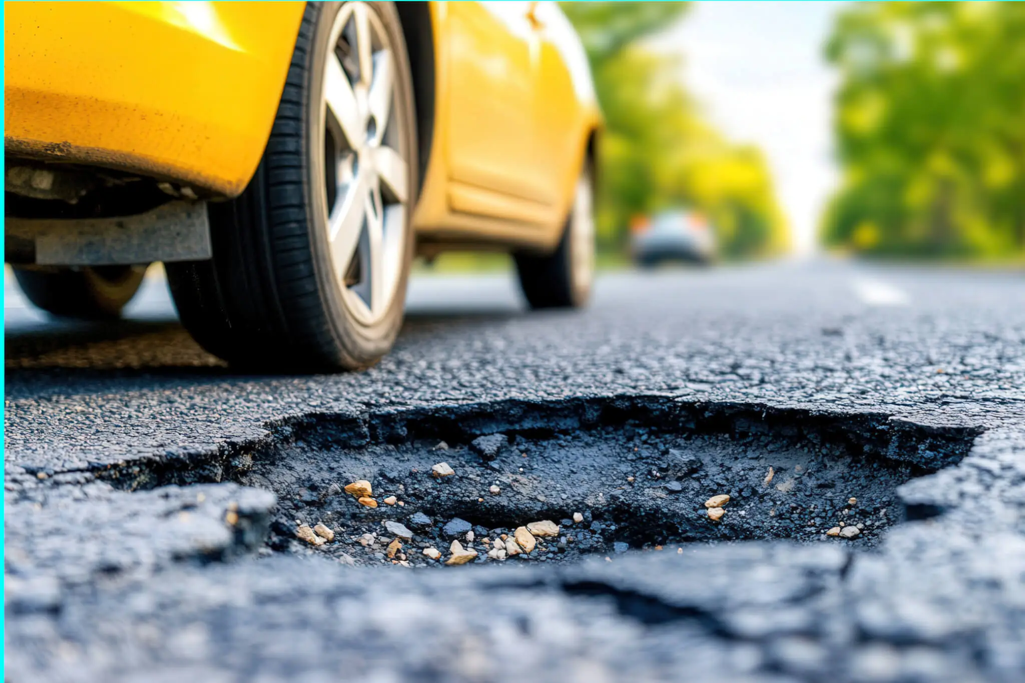 Straßenschäden, Auto steht neben Schlagloch auf der Straße