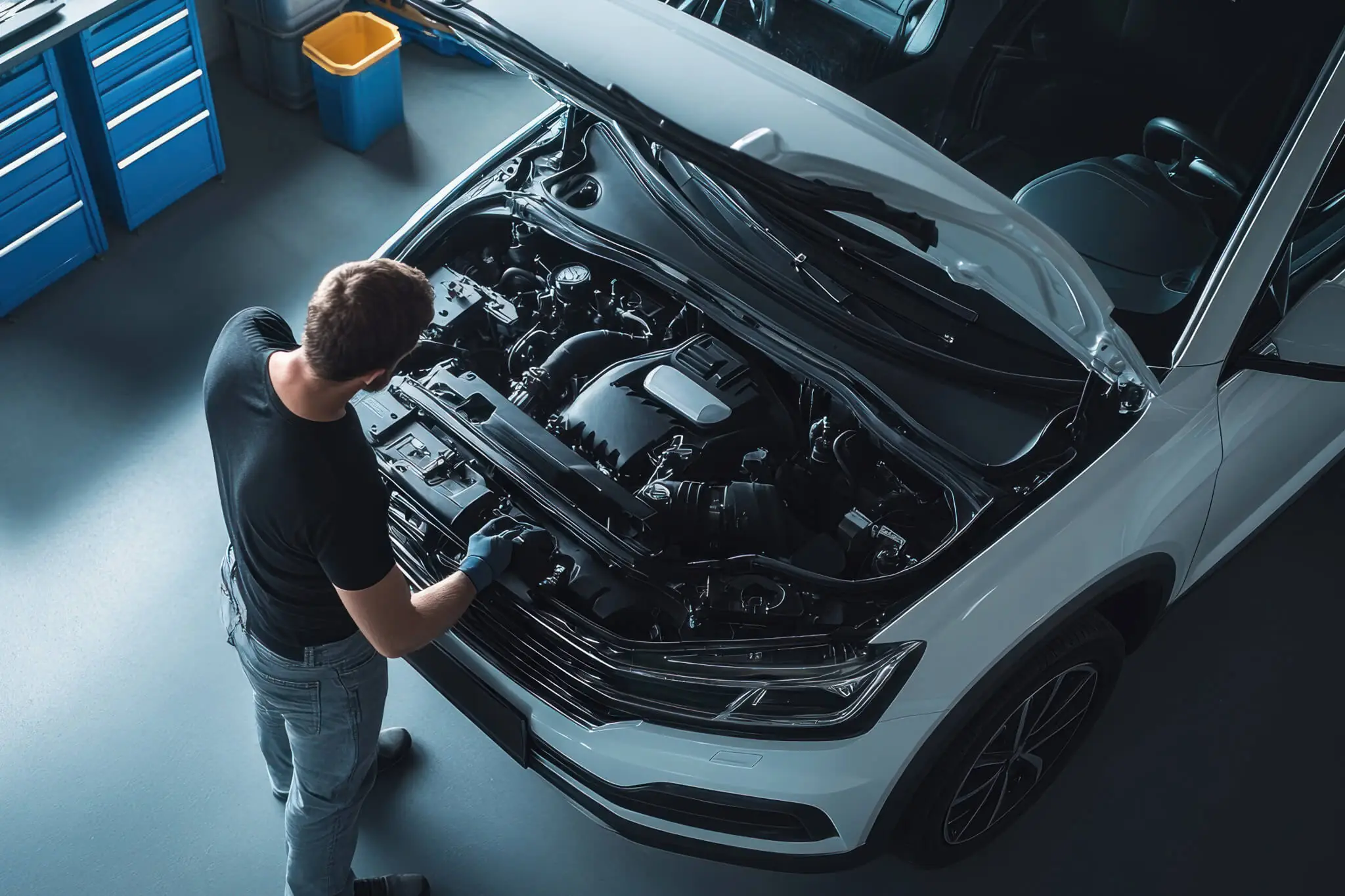 Motorraum, Person prüft Motorraum